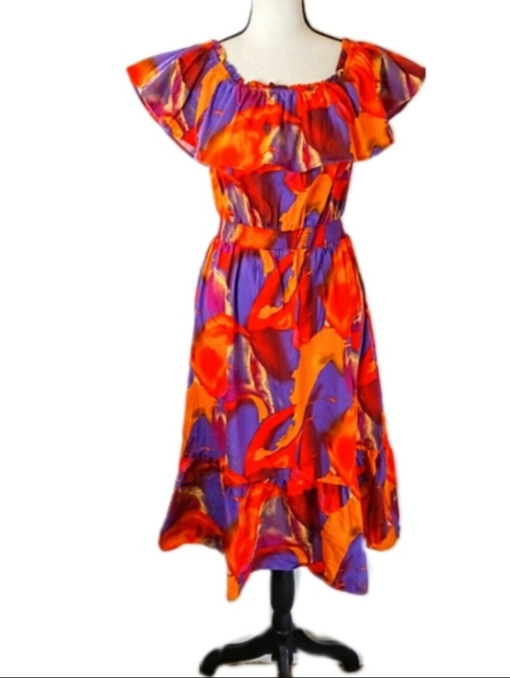 Nine West Colorful Cotton Smocked Summer Ruffle Midi Sun Dress Resort Party M